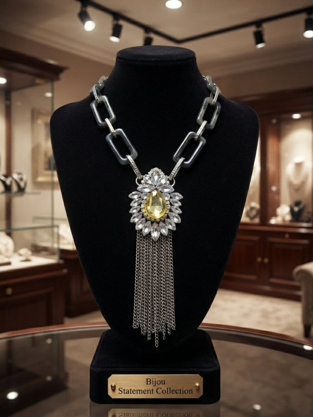 Bijou long silver link necklace with medallion, rhinestones & fringes